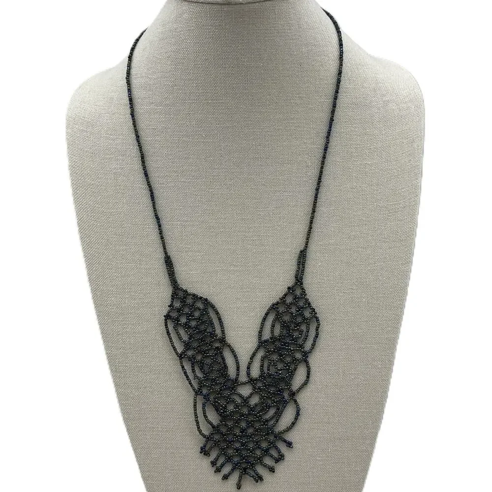 Petrol Purple Iridescent Beaded Bib Collar Necklace Costume Jewelry Statement